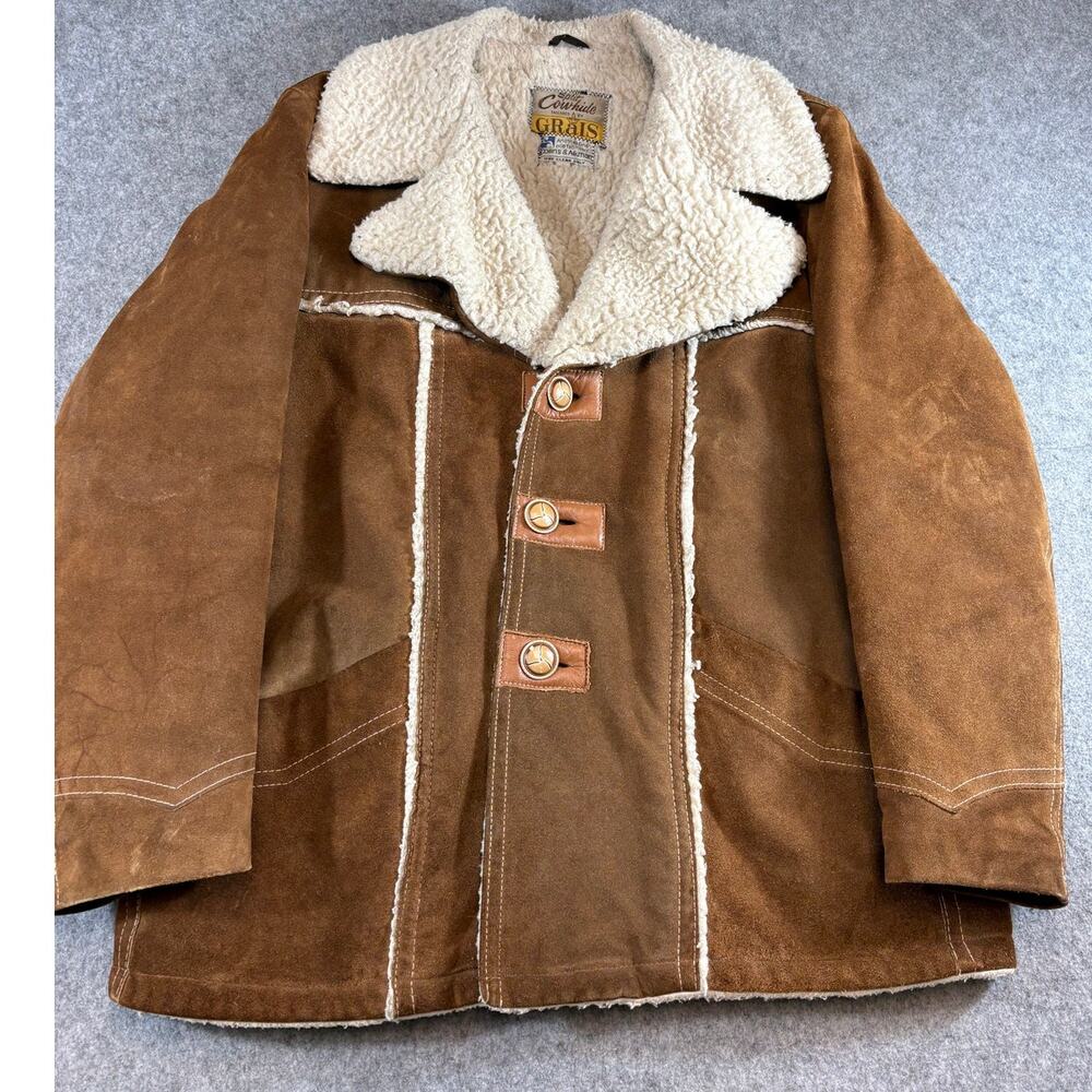 VINTAGE 70s Grais Split Cowhide Suede Jacket Mens 46 Brown Sherpa Lined Outdoor
